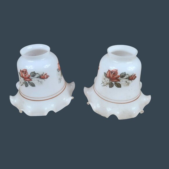 Vintage White Milk Glass Lamp Shades With Red Rose Design & Ruffled Edges - Picture 1 of 7